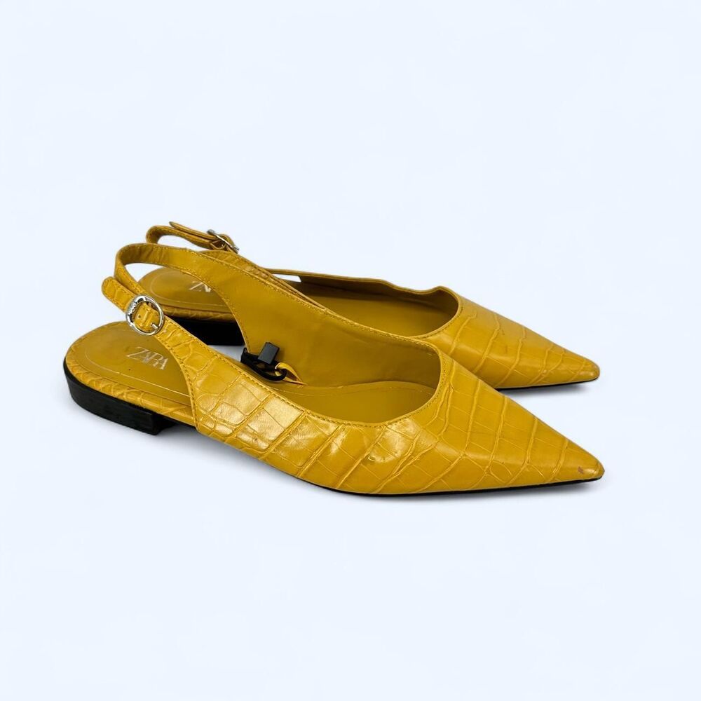 Yellow Croc Pointed Toe Slingback Flats Embossed Animal Print Mule Shoes NWT